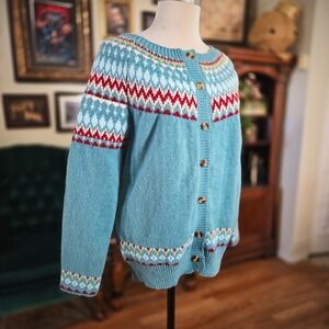 Blue Cardigan Fair Isle Button Front Sweater Knit Cozy Winter Pullover
